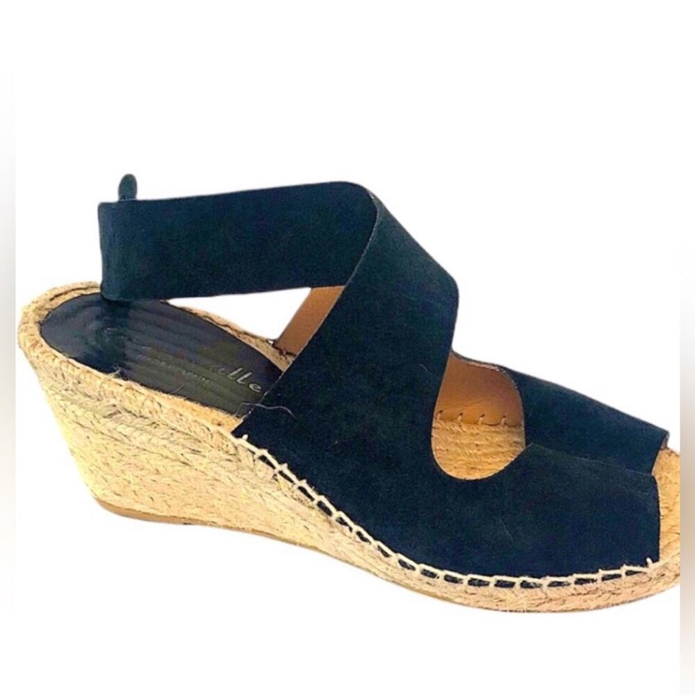 Bettye Muller Mobile Black Suede Wedge Espadrille Ankle wrap Sandals